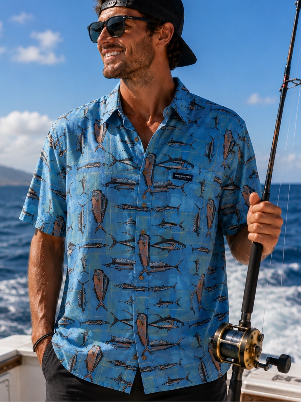 Maui Rippers XL Marlin Mahi Tuna Fish Print Aloha Hawaiian Shirt NWT